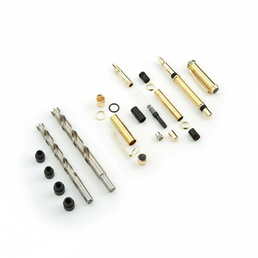 Fountain Pen Kita assembly kit showing brass barrel sections, stainless steel nibs, rubber gaskets, decorative rings, and drill bits components.