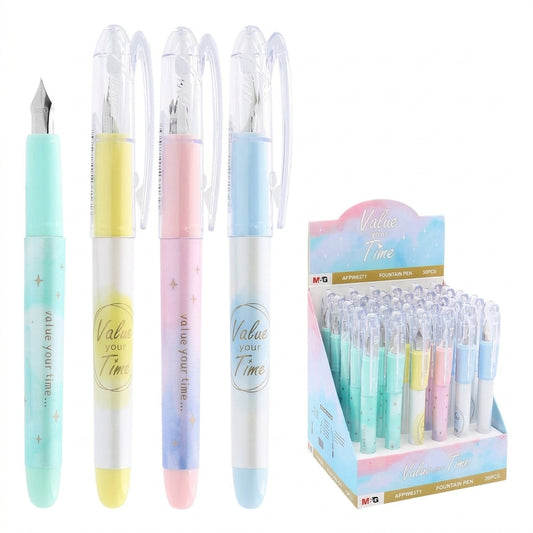 M&G Appvesti fountain pens 50-pack in pastel colors (mint, yellow, pink, blue) with display box and individual pens