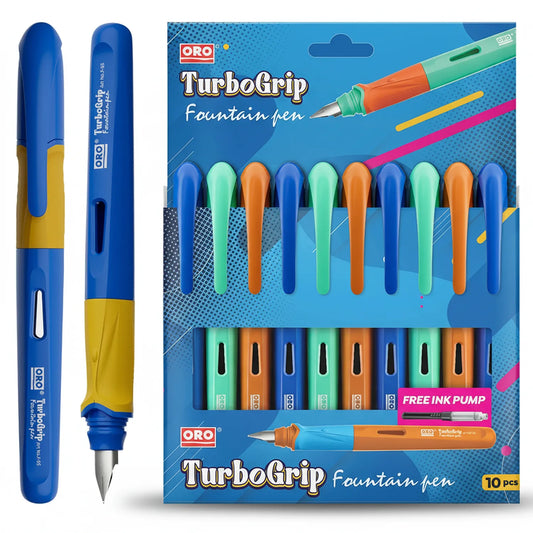 ORO TurboGrip Fountain Pen set showing 10 colorful pens in blue, green, and orange with ergonomic grip design, plus free ink pump accessory