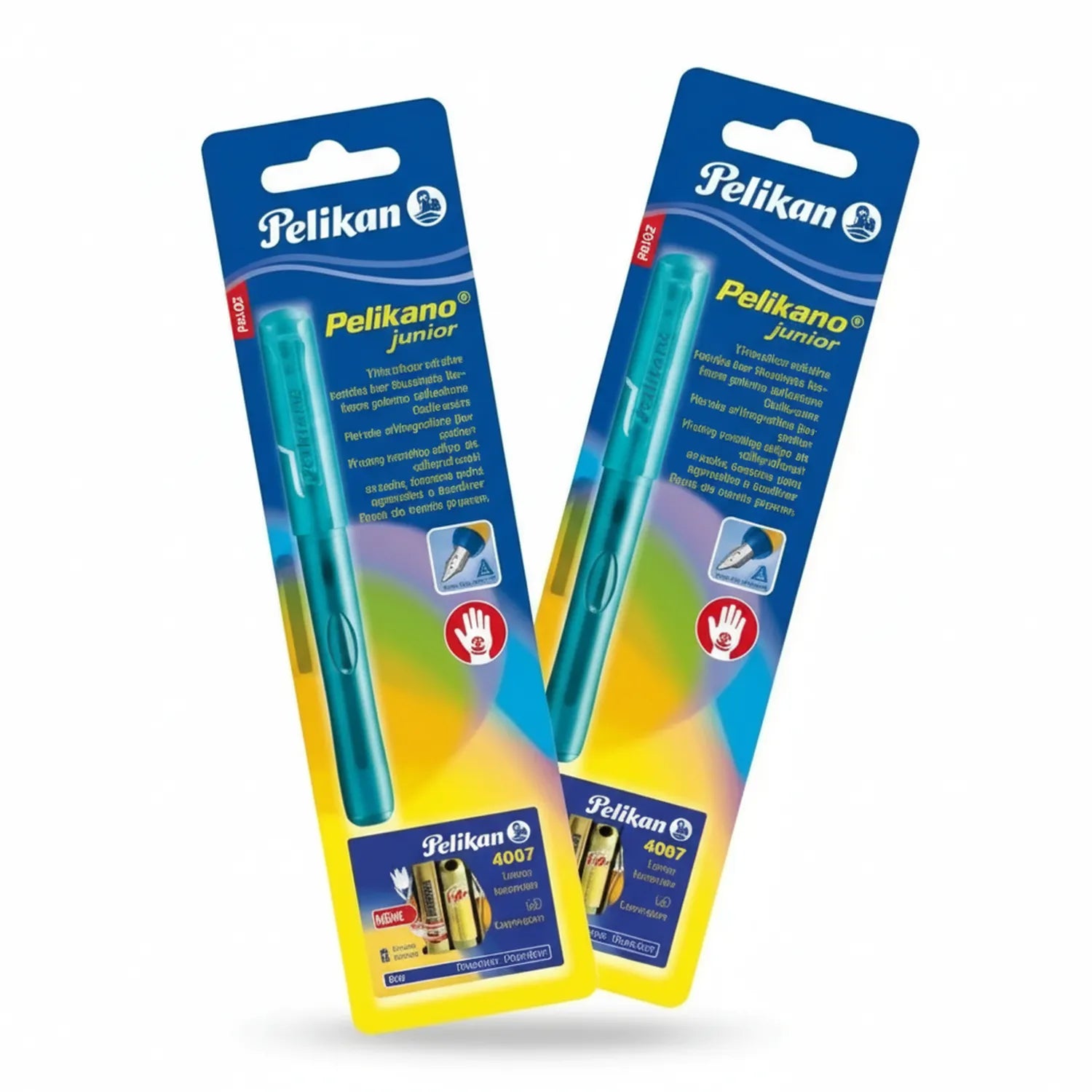 Two Pelikan Pelikano Junior fountain pens in turquoise with yellow-gradient packaging, model 4007, displayed in blister cards.