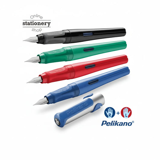 Pelikan Pelikano fountain pen set showing 4 pens in black, green, red, and blue colors with matching grip trainer featuring right and left hand symbols