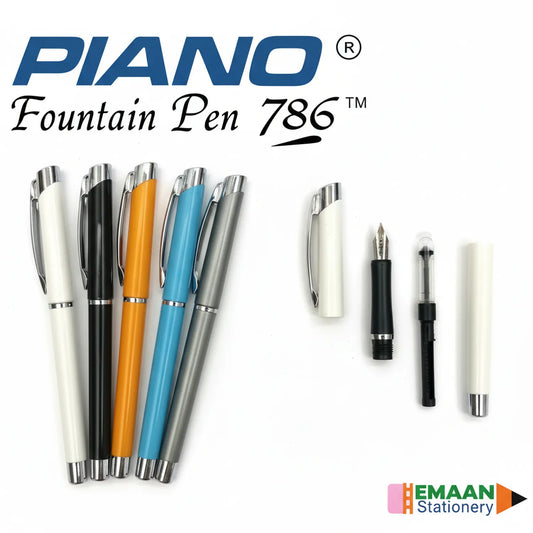 Piano Fountain Pen 786 collection showing 5 colors: white, black, orange, blue, gray pens with chrome trim, plus disassembled components including converter and cartridge.