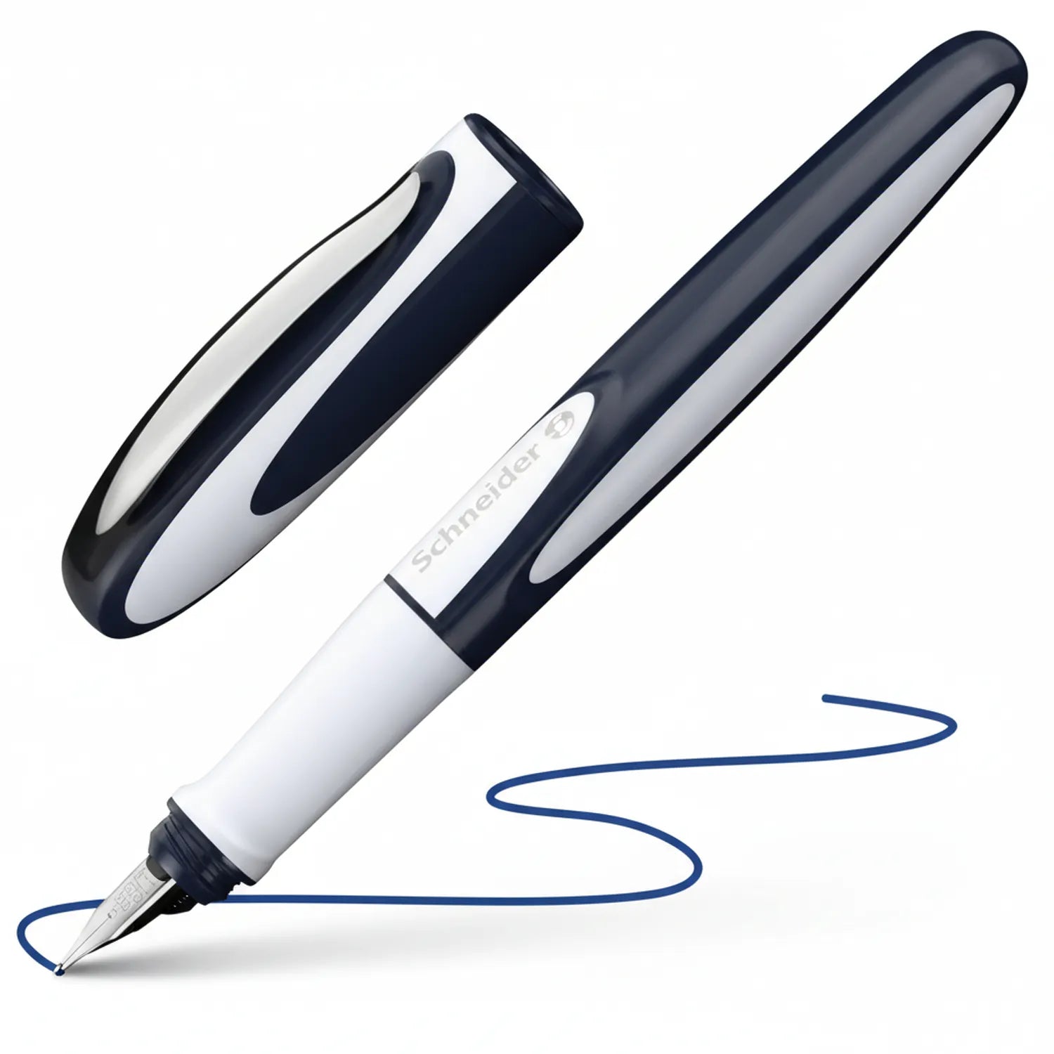 Schneider Fountain Pen in navy blue and white with metal nib, shown with sample blue ink writing stroke on white background