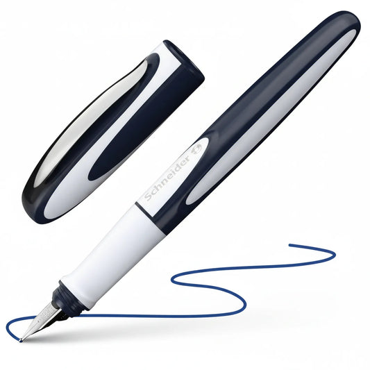 Schneider Fountain Pen in navy blue and white with metal nib, shown with sample blue ink writing stroke on white background