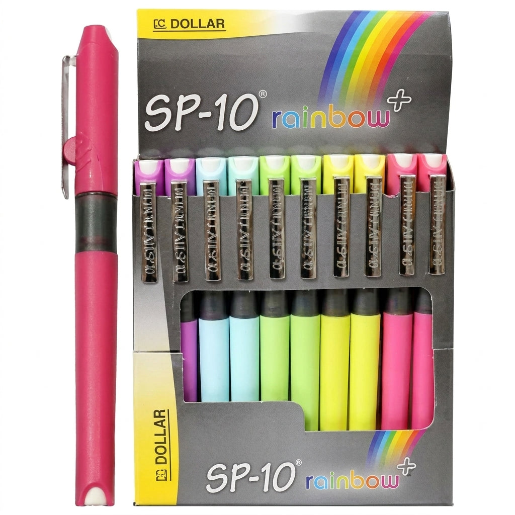 SP-10 Rainbow+ 10-color fountain pen set in pink, purple, blue, green, yellow with display box and single pink pen