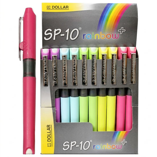 SP-10 Rainbow+ 10-color fountain pen set in pink, purple, blue, green, yellow with display box and single pink pen