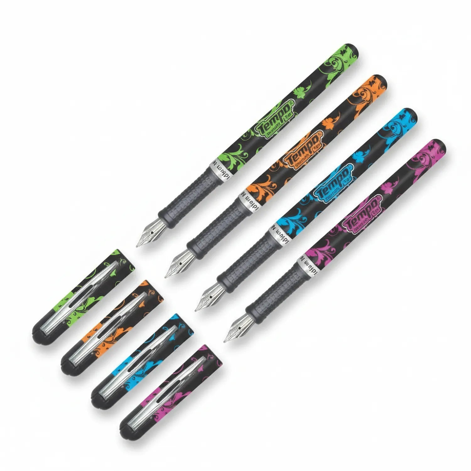 Four Tempo fountain pens in green, orange, blue, and magenta with matching protective cases displayed against white background
