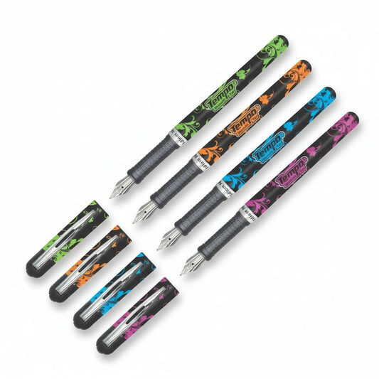 Four Tempo fountain pens in green, orange, blue, and magenta with matching protective cases displayed against white background