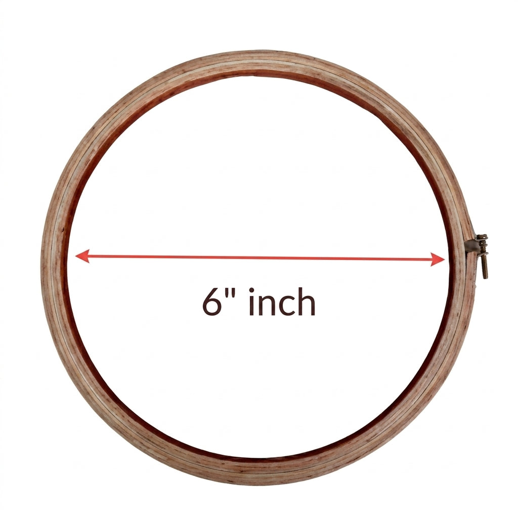 Natural wood 6-inch embroidery frame with screw tension adjustment and circular design