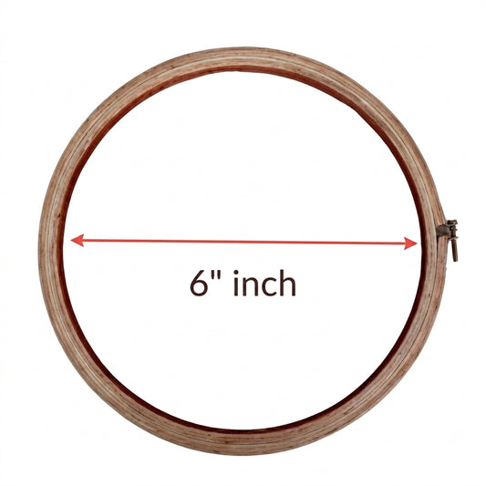 Natural wood 6-inch embroidery frame with screw tension adjustment and circular design