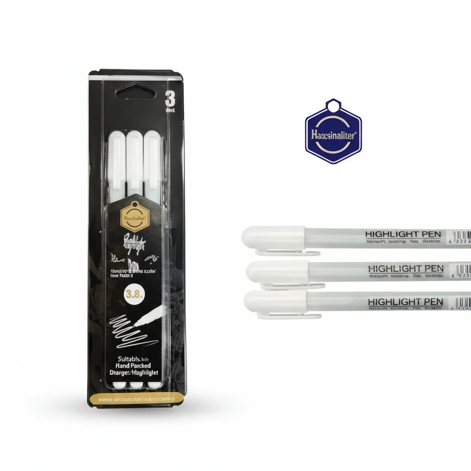 Haessinaliter Gel Pen Highlighter Set - 3 white pens with 3.8mm tips displayed with packaging and Haessinaliter brand logo