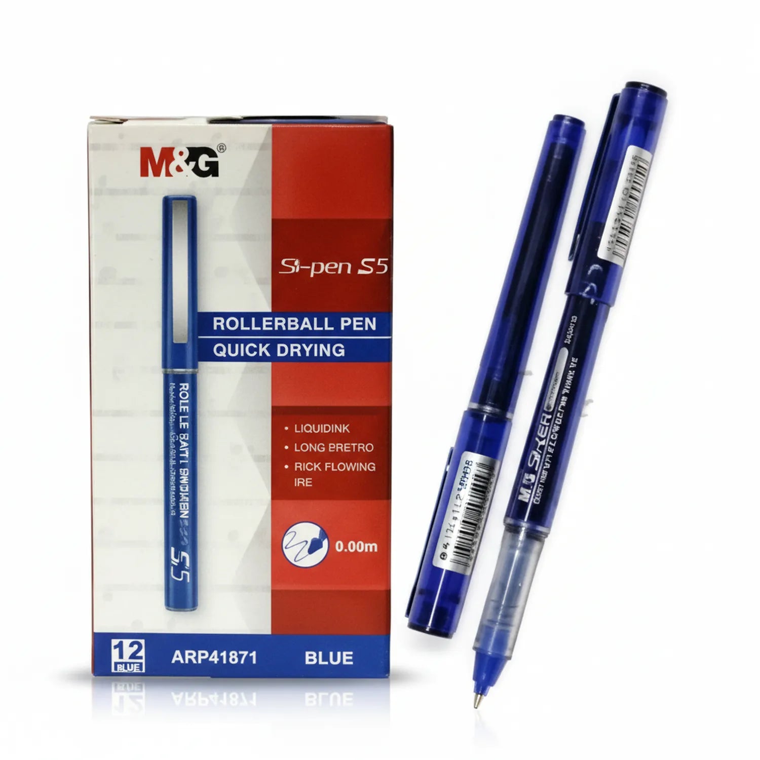 M&G S5 Si-Pen 0.7mm blue gel pens - box of 12 with two individual pens displayed showing barrel and tip detail