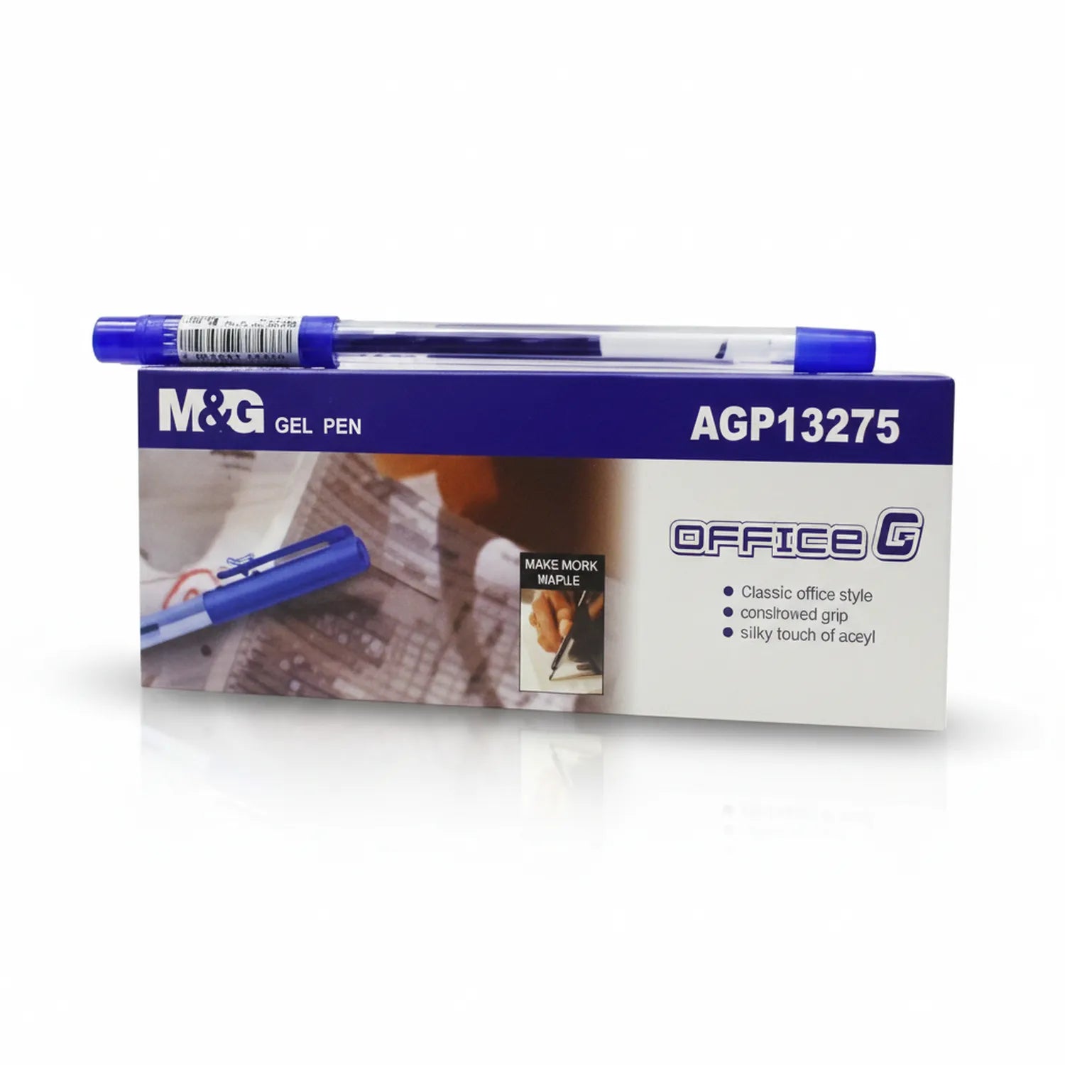 M&G Office G Gel Pen AGP13275 in blue with packaging, showing classic office-style design and comfortable grip