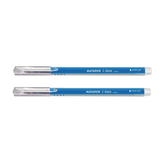 Two Matador i-teen blue water gel pens with transparent barrels and blue branding bands displayed horizontally