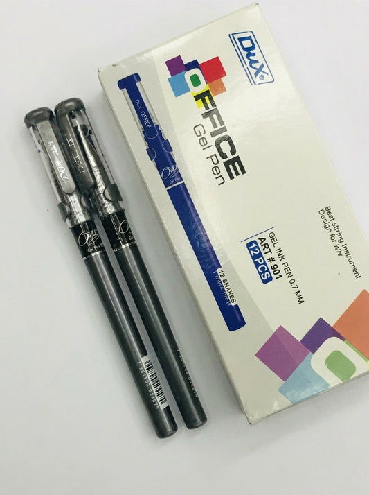 Dux Office Gel Pen 12-pack with black pens displayed next to white retail box packaging