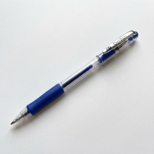 Ovidian blue gel pen 0.7mm with clear barrel, blue grip, and metal tip on white background