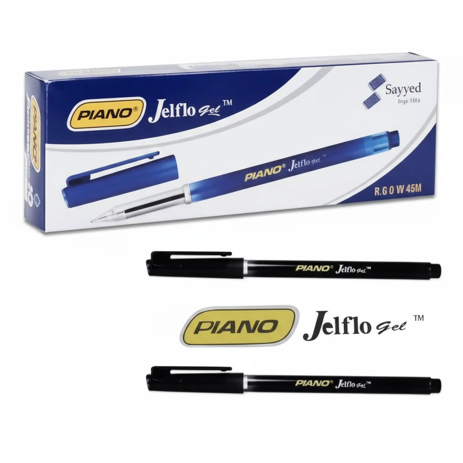 Piano Jelflo Gel Pen packaging and individual black pens with fine 0.6mm tip, showing product box and two pen examples