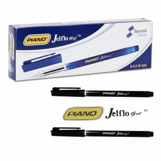 Piano Jelflo Gel Pen packaging and individual black pens with fine 0.6mm tip, showing product box and two pen examples