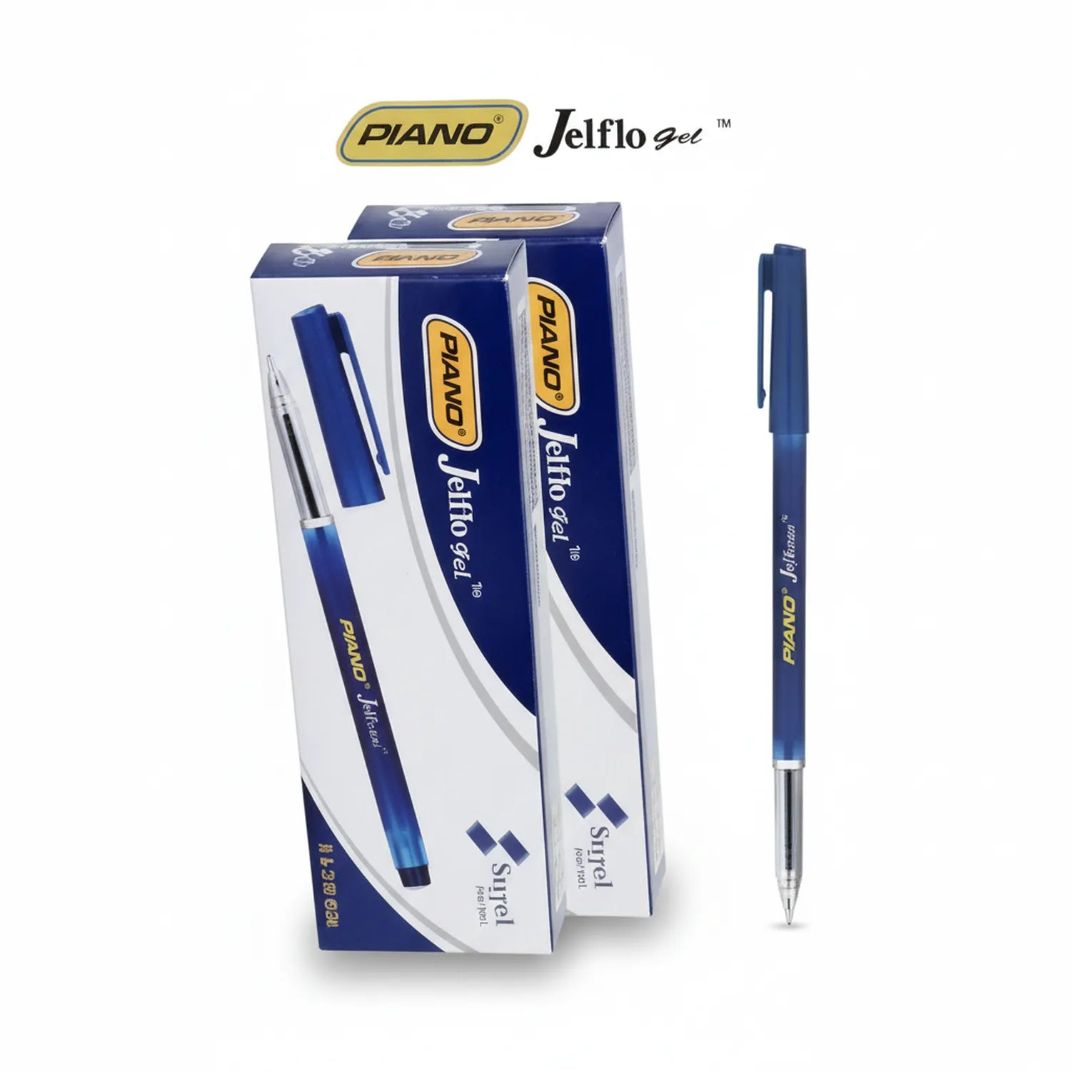 Piano Jelflo Gel Pen blue, 2-pack with product boxes and individual pen showing blue barrel with metal tip