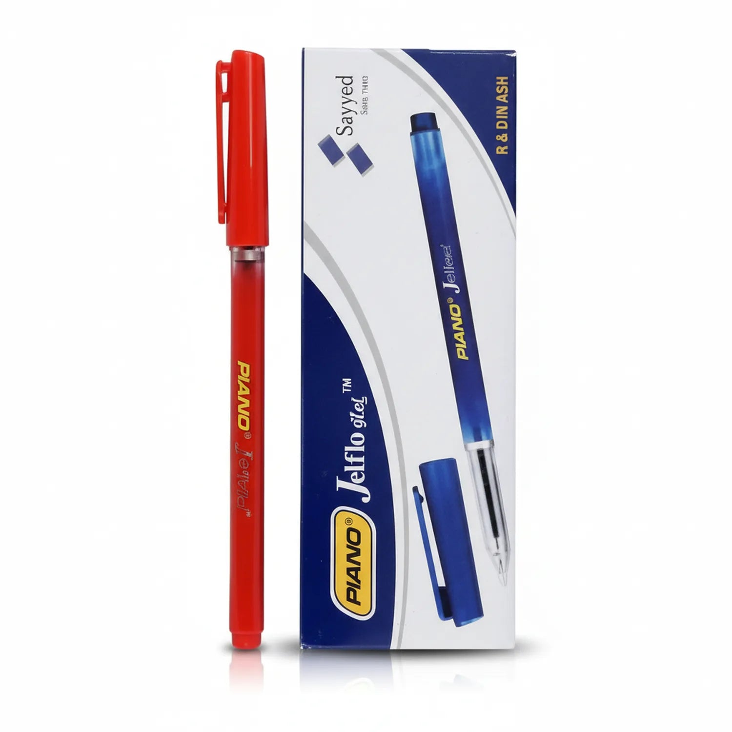 Piano Jelflo Red Gel Pen with retractable cap displayed next to blue product packaging box showing pen variants