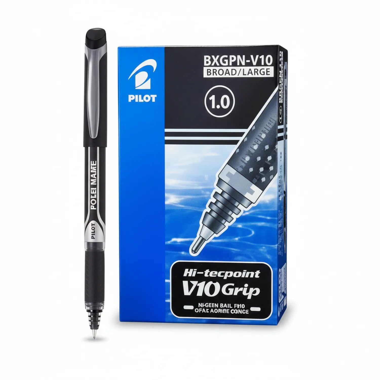 Pilot V10 Grip black gel pen with 1.0mm broad point, shown next to product packaging box featuring blue and black design with pen tip details and cloud background.