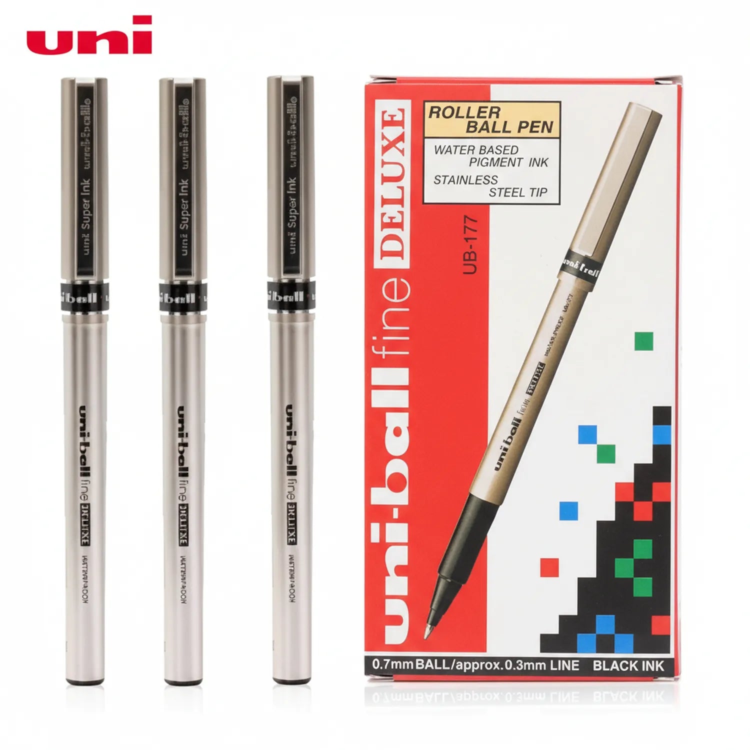 Uni-ball Deluxe UB-177 roller ball pen 3-pack in metallic finish with black ink, shown with red packaging box displaying water-based pigment ink specifications