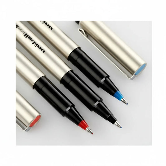 Four Uni-ball Delux UB-177 gel pens with silver barrels displayed at an angle, showing red, black, blue, and light blue ink tips.