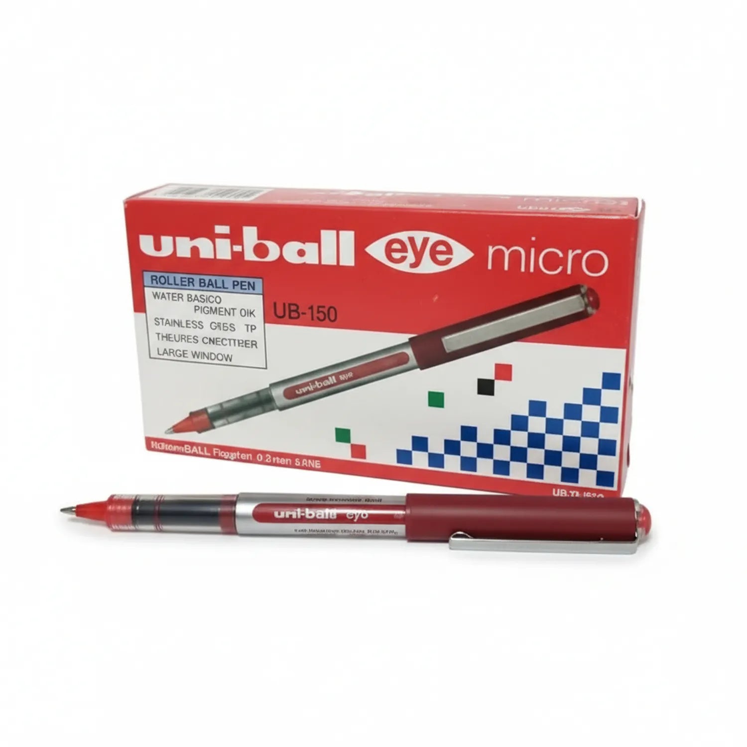 Uni-ball Eye Micro UB-150 red roller ball pen with packaging box, pen displayed with fine 0.2mm tip visible