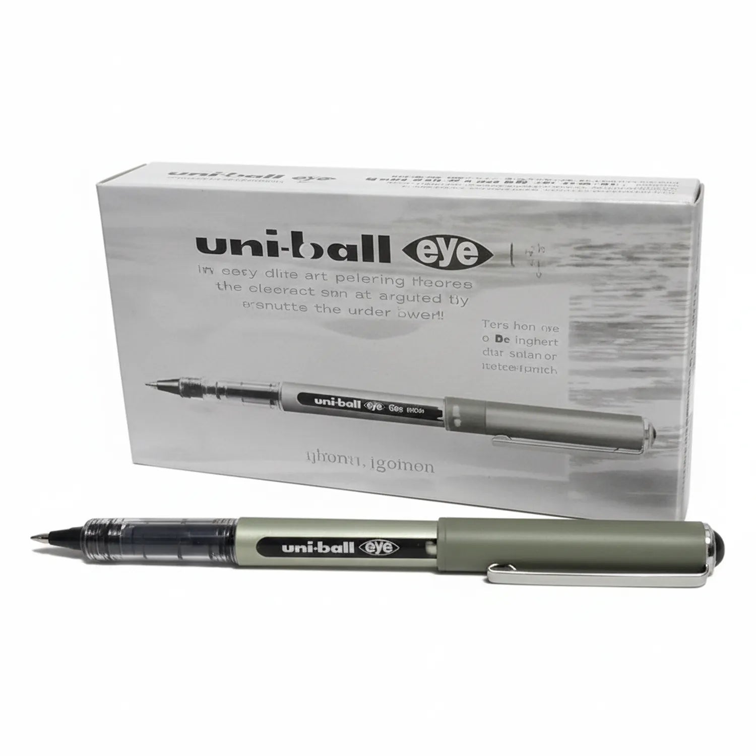 Uni-Ball Eye UB-157 black gel pen shown with product packaging box, featuring fine 0.7mm tip and silver barrel with black grip section