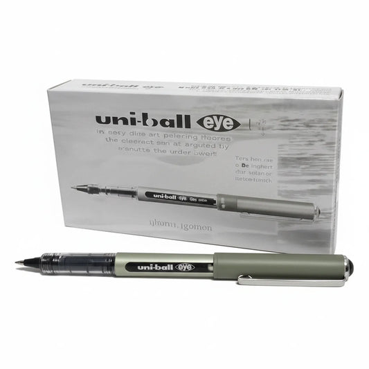 Uni-Ball Eye UB-157 black gel pen shown with product packaging box, featuring fine 0.7mm tip and silver barrel with black grip section