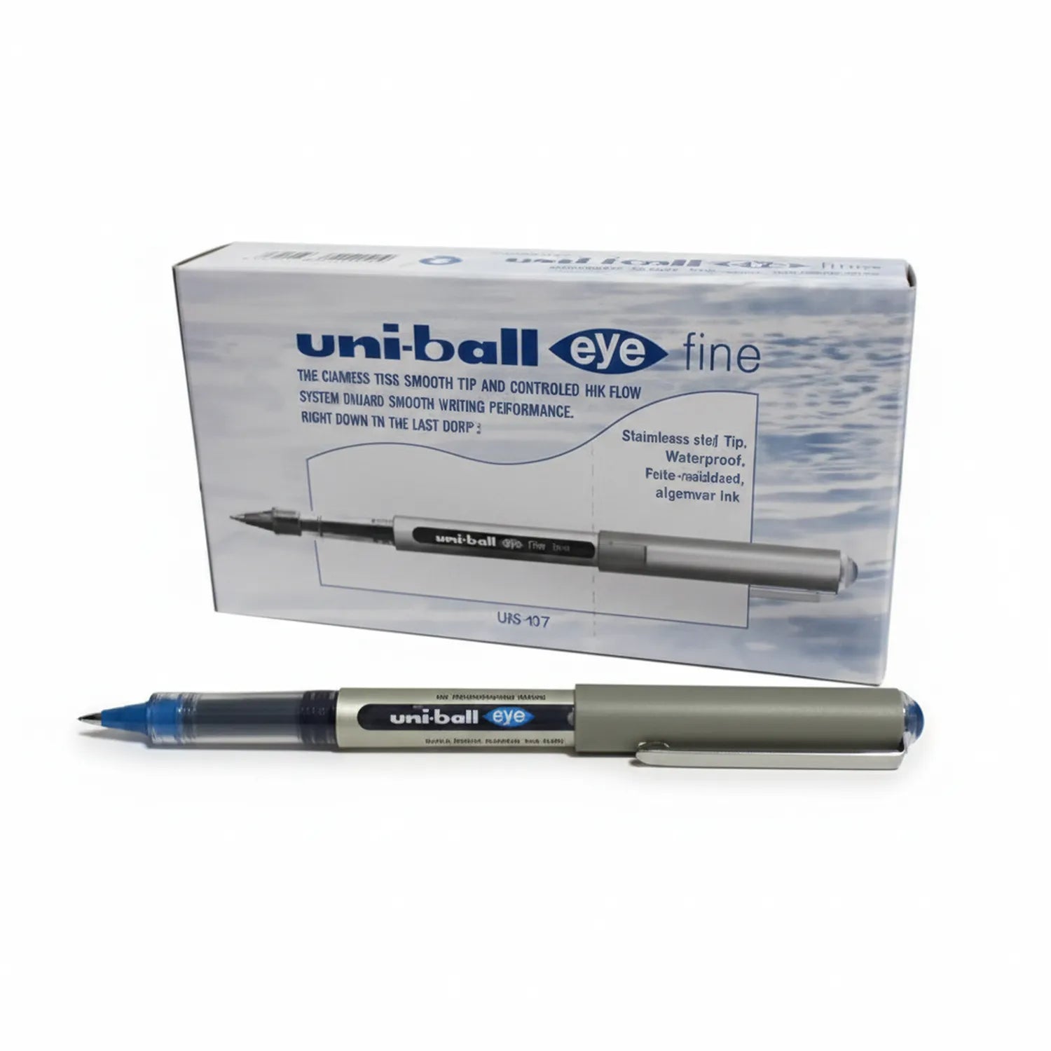 Uni-ball Eye Fine UB-157 gel pen in blue with silver barrel, shown with product box featuring pen specifications and features