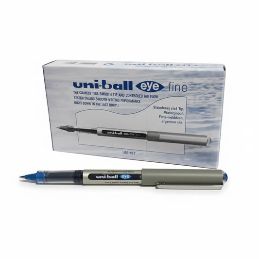 Uni-ball Eye Fine UB-157 gel pen in blue with silver barrel, shown with product box featuring pen specifications and features
