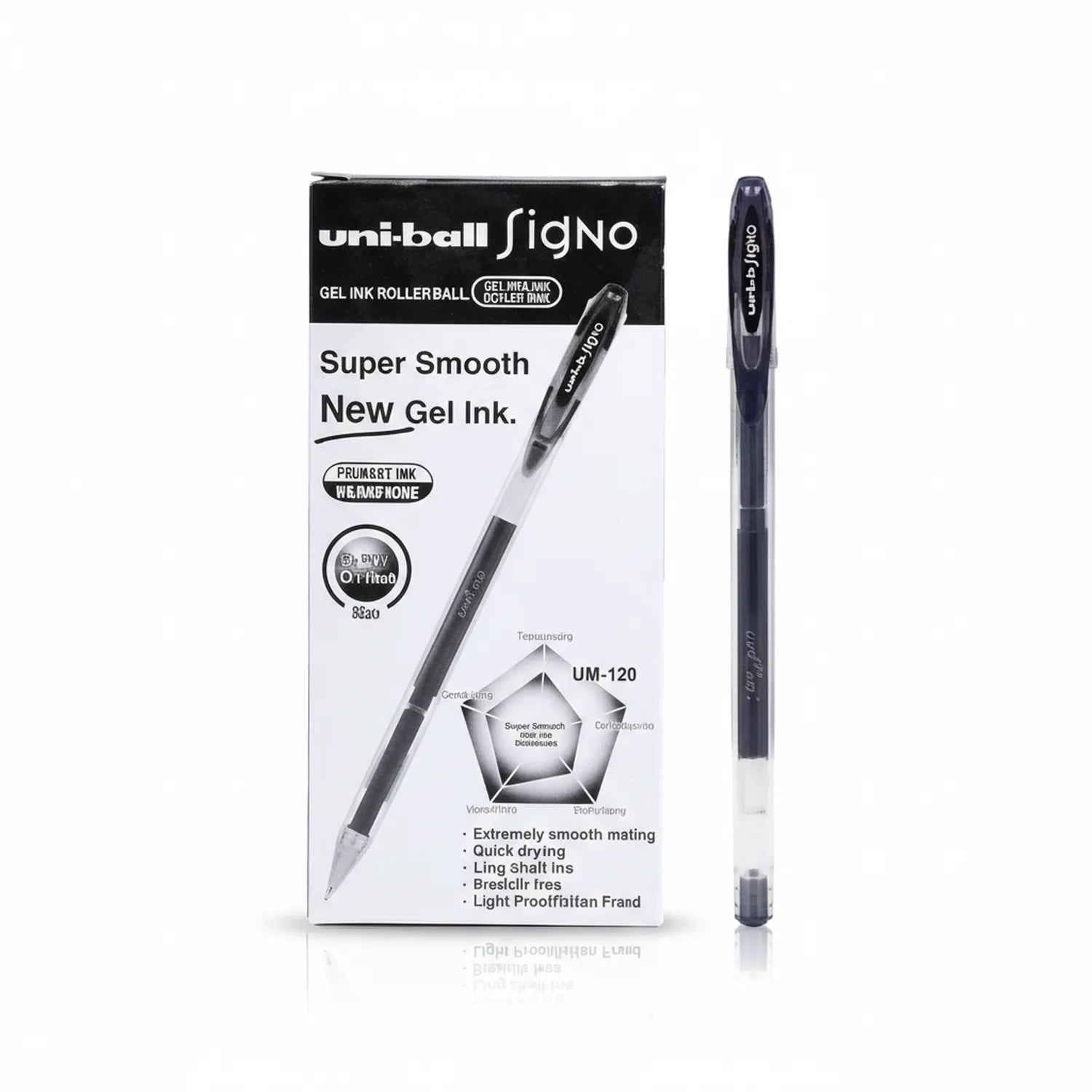 Uni-ball Signo UM-120 black gel pen with packaging showing product features including super smooth new gel ink and 0.8mm nib