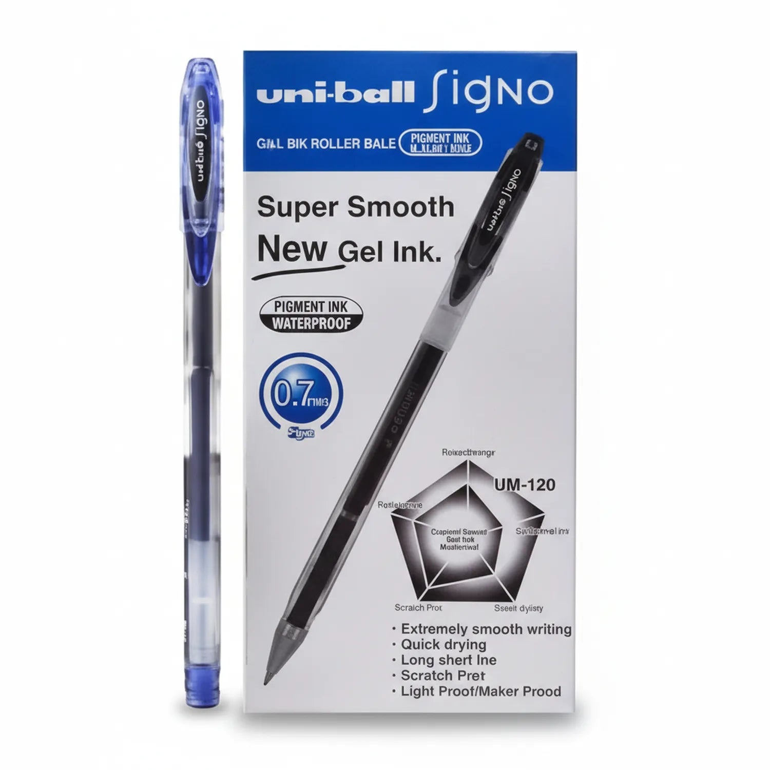 Uni-ball Signo UM-120 blue gel pen with packaging showing 0.7mm tip, waterproof pigment ink, and product features