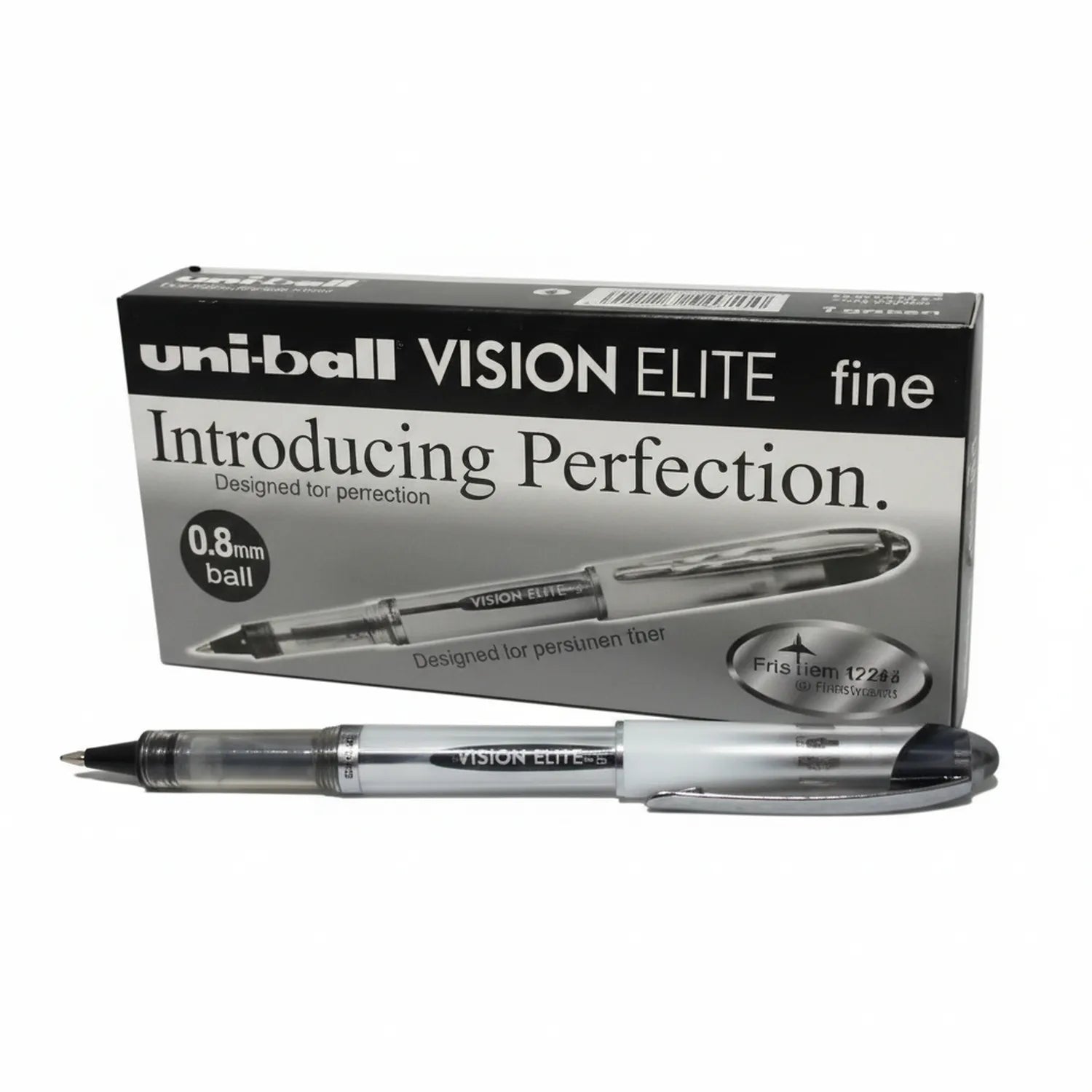 Uni-ball Vision Elite Fine black gel pen with 0.8mm ball point displayed next to product packaging box showing pen design and specifications