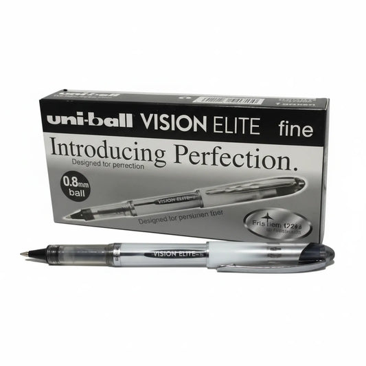 Uni-ball Vision Elite Fine black gel pen with 0.8mm ball point displayed next to product packaging box showing pen design and specifications