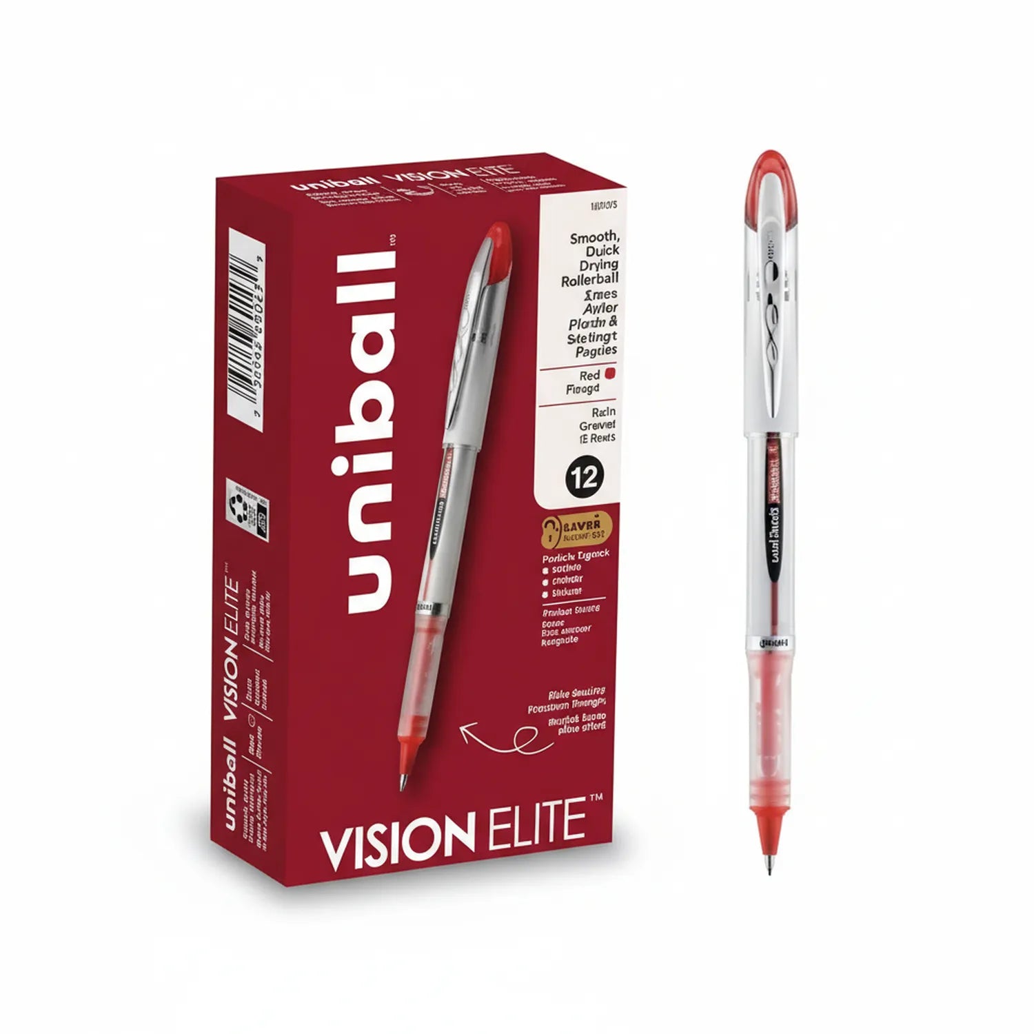 Uni-ball Vision Elite UB-200 red gel pen 12-pack with product box and individual pen displaying smooth rollerball tip and comfortable grip design.