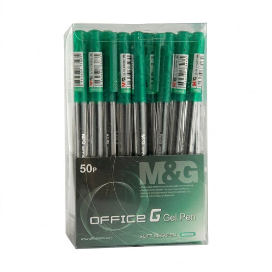 M&G Office G Gel Pen 50 pack with green caps and gray barrels, individually wrapped with labels