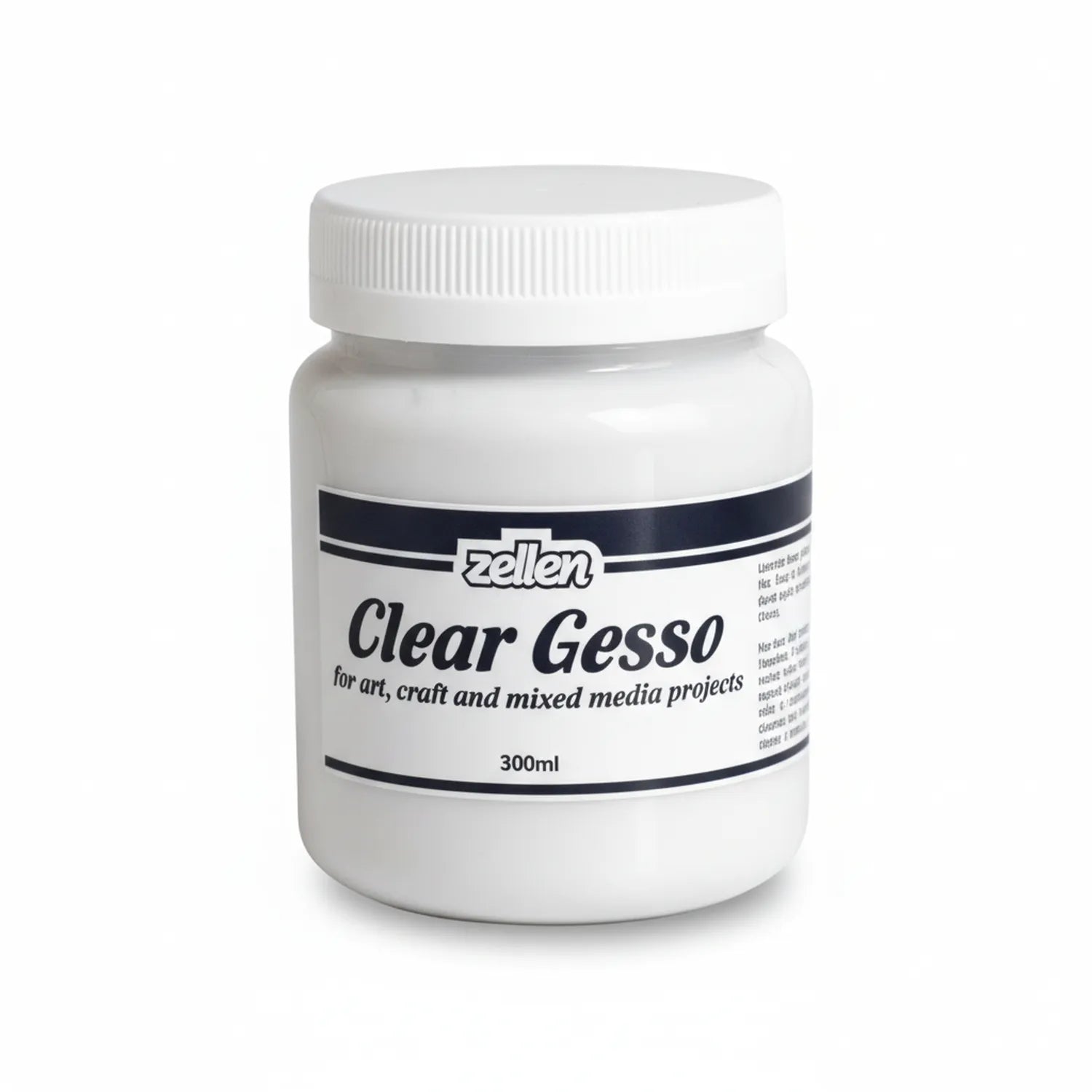 Zellen Clear Gesso 300ml white bottle with black and white label, featuring white screw-top lid, displayed against white background