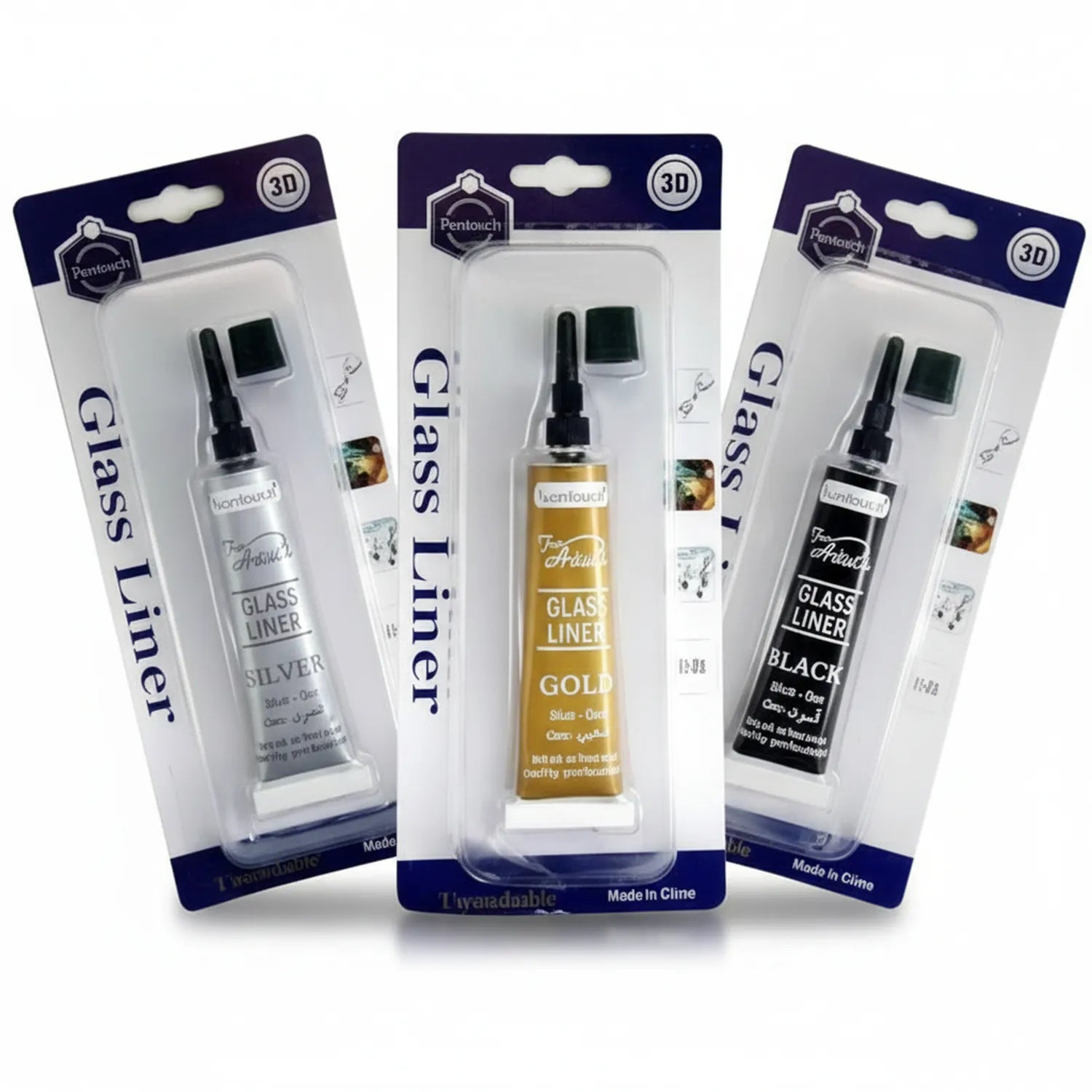 Three Pentouch Glass Liner 3D paint marker bottles displayed - Silver (left), Gold (center), and Black (right) with precision applicator tips and twist caps.