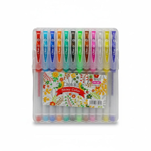 Chiyotora Glitter Pen Set with 12 shiny colors arranged in clear plastic case, featuring red, blue, green, pink, yellow, and purple glitter pens with flower-patterned packaging.