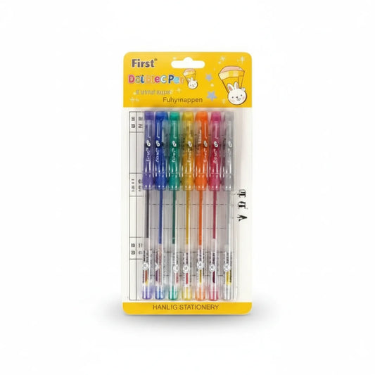 First Double-Ended Glitter Pen Set - 7 pieces in assorted colors including purple, blue, green, yellow, orange, pink, and silver, displayed in clear blister packaging