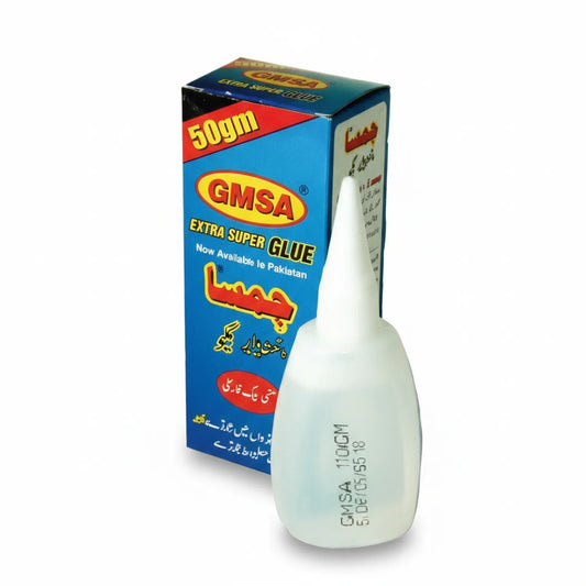 GMSA Extra Super Glue 50g bottle with blue and yellow packaging box, white plastic dispenser bottle with precise applicator tip