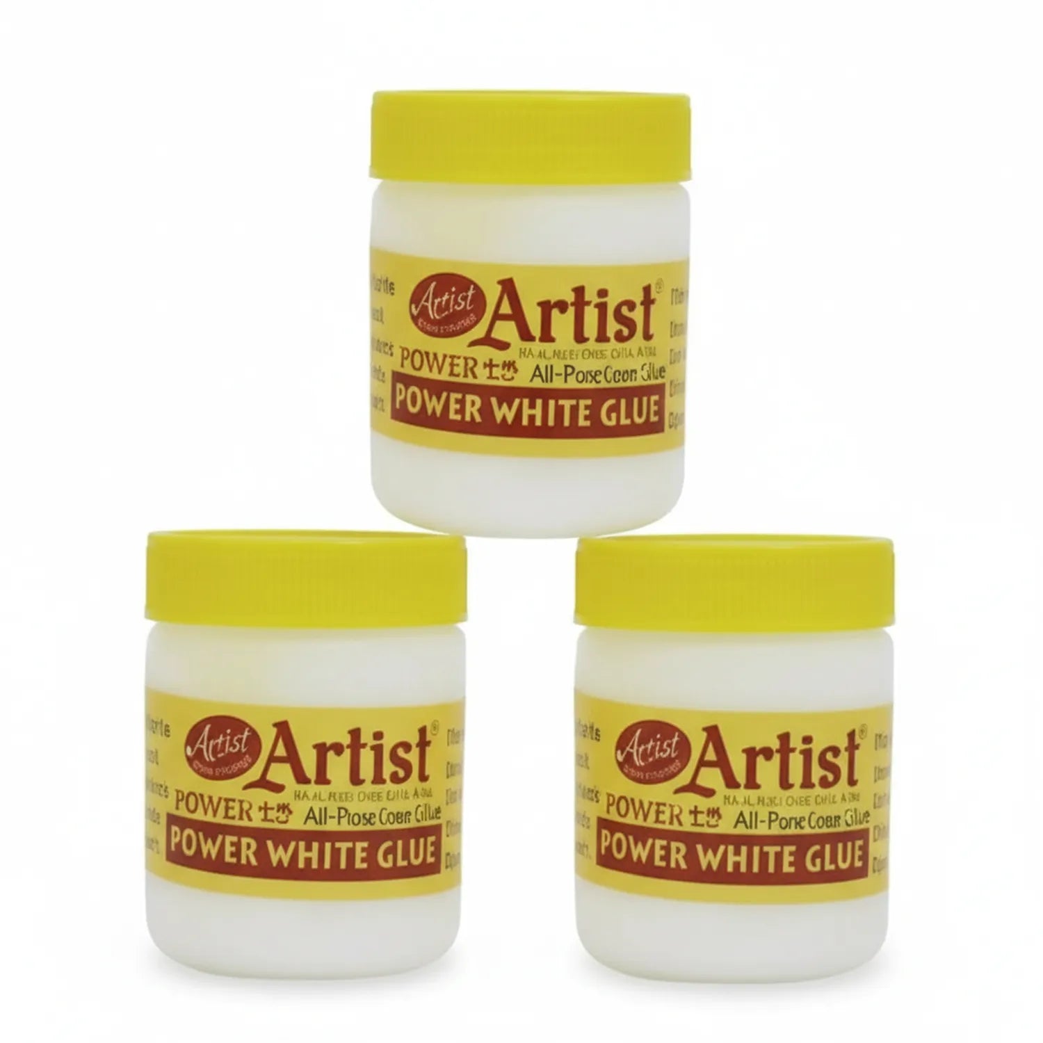 Three jars of Artist Power White Glue 1000G with yellow caps and burgundy labels, displayed in triangle formation on white background.