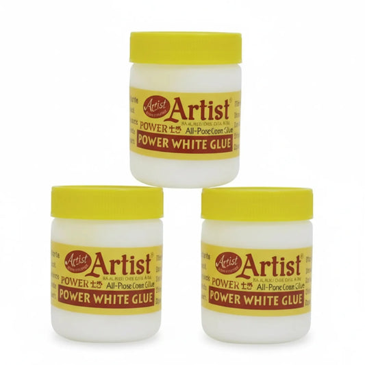 Three jars of Artist Power White Glue 1000G with yellow caps and burgundy labels, displayed in triangle formation on white background.