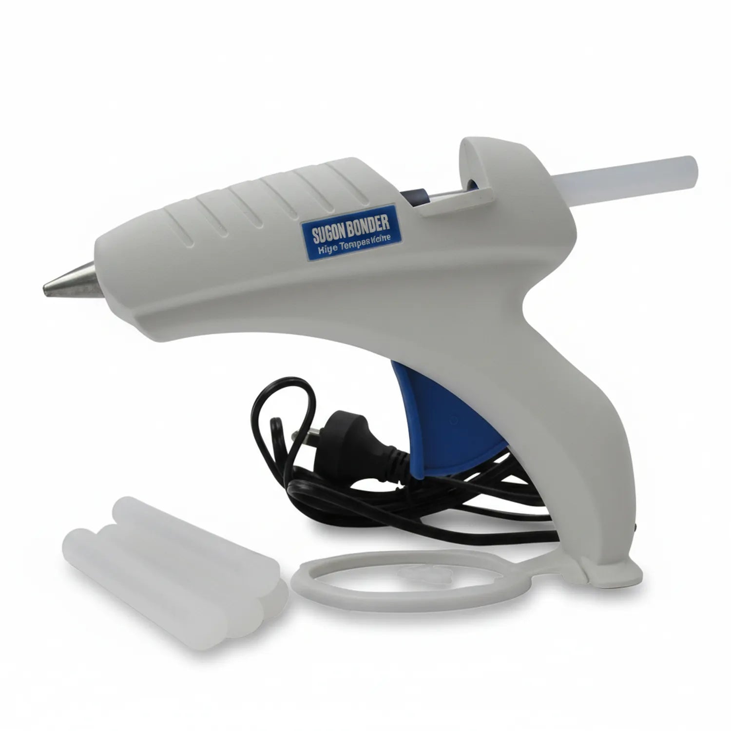 Sucon Bonder Large High Temperature Glue Gun in white and blue with black power cord, adhesive sticks, and protective stand