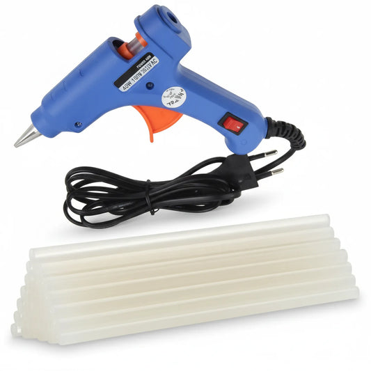Blue and orange 40W hot melt glue gun with black power cord and trigger switch, displayed with 12 white glue sticks