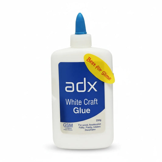 Adx White Craft Glue 250g bottle with blue precision applicator tip, yellow 'Best for Slime' badge, dark blue label with GSM certification mark