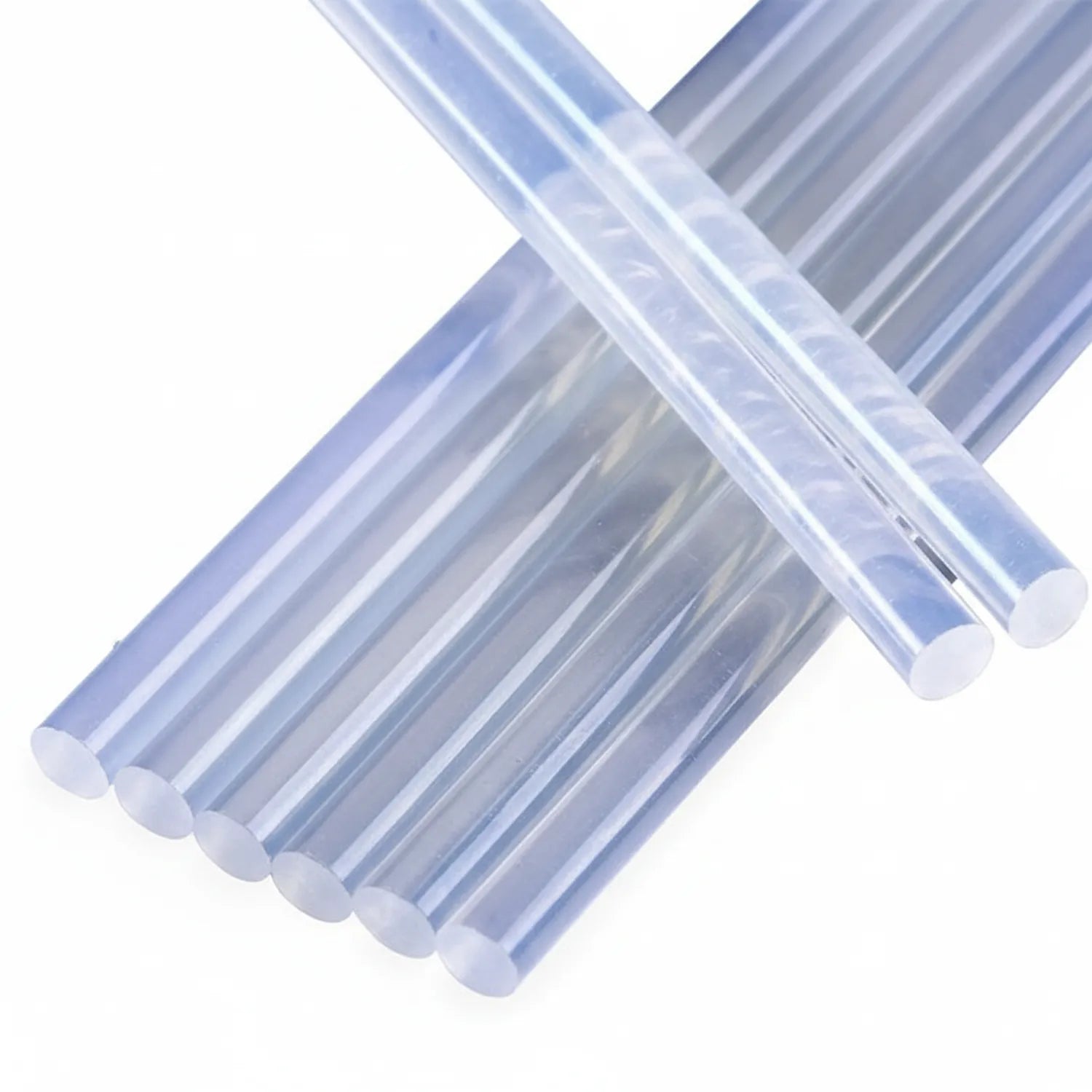 Glue Rod L - 12-pack of clear hot melt adhesive sticks, 11mm diameter, arranged in a crossed bundle display against white background.