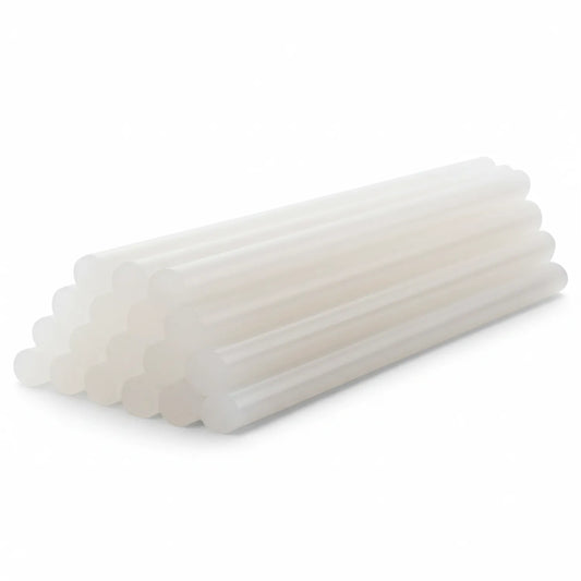 Pack of 12 translucent white hot melt glue rods arranged in a row on white background